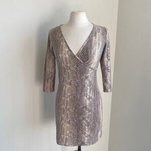 EXPRESS Wrap Dress Womens Sz Small Tan Snakeskin Print Fitted Knit Bodycon